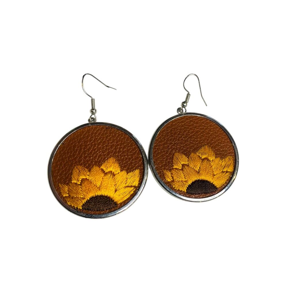 Silvertone Embroidered Faux Leather‎ Sunflower Hook Pierced Earrings